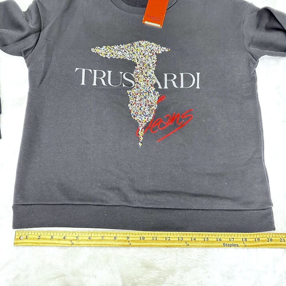 TRUSSARDI JEANS Women's Cotton Sweater Black Embellished Logo Sweatshirt SZ L - Picture 14 of 16